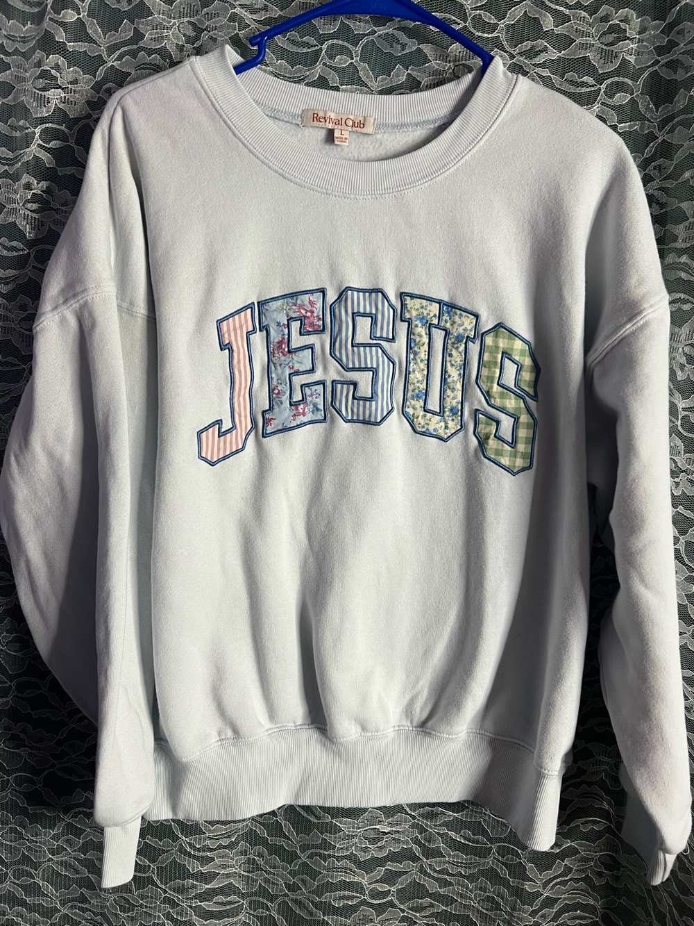 Altar’d State Revival Club Women's 'JESUS' Crewneck Sweater in Light Blue Laege
